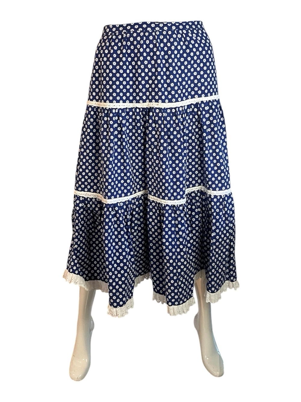 Vintage Navy Blue Floral Tiered Midi Skirt with Lace Trim